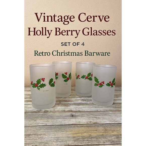 Vintage Cerve Frosted Holly Berry Glasses Set of 4 Italy Christmas Highball 15oz - Picture 1 of 9